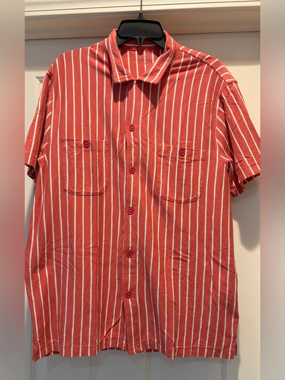 J. Crew peach and White Vertical-Stripe Short-Sleeve Button-Down Shirt